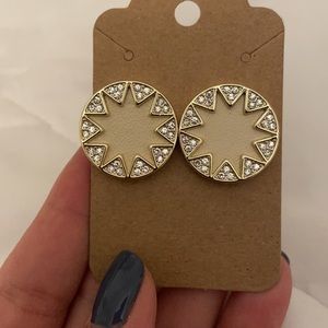 Gold & cream leather, rhinestone details earrings